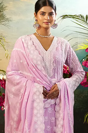 Lavender embroidered pure cotton kurta trouser dupatta set