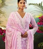 Lavender embroidered pure cotton kurta trouser dupatta set