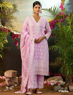 Lavender embroidered pure cotton kurta trouser dupatta set 2