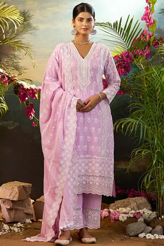 Lavender embroidered pure cotton kurta trouser dupatta set
