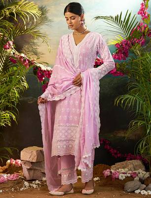 Lavender embroidered pure cotton kurta trouser dupatta set 3