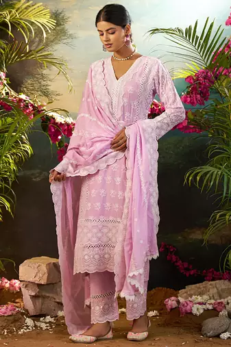Lavender embroidered pure cotton kurta trouser dupatta set