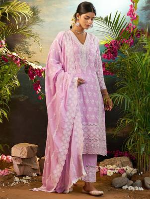 Lavender embroidered pure cotton kurta trouser dupatta set 4