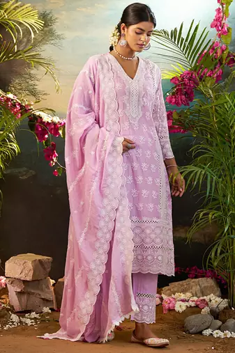 Lavender embroidered pure cotton kurta trouser dupatta set