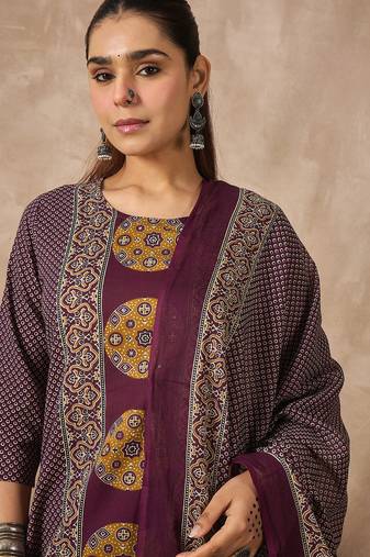 Purple printed pure cotton kurta trouser dupatta set