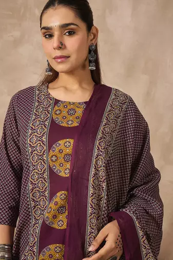 Purple printed pure cotton kurta trouser dupatta set