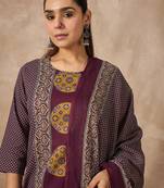 Purple printed pure cotton kurta trouser dupatta set