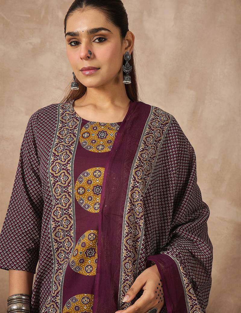 Purple printed pure cotton kurta trouser dupatta set
