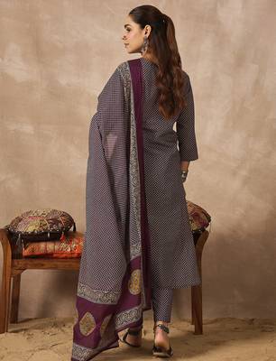 Purple printed pure cotton kurta trouser dupatta set 2