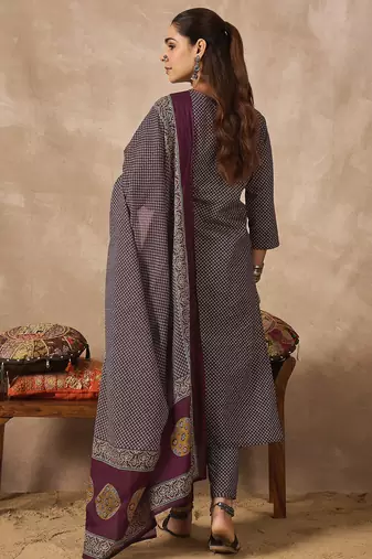 Purple printed pure cotton kurta trouser dupatta set