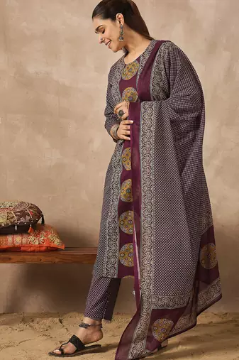Purple printed pure cotton kurta trouser dupatta set