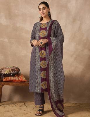 Purple printed pure cotton kurta trouser dupatta set 4