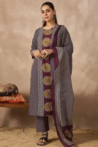 Purple printed pure cotton kurta trouser dupatta set