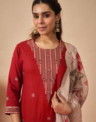 Orange embroidered viscose rayon kurta trouser dupatta set 1