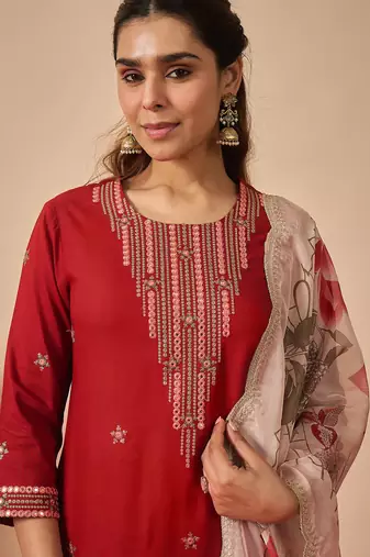 Orange embroidered viscose rayon kurta trouser dupatta set