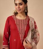 Orange embroidered viscose rayon kurta trouser dupatta set