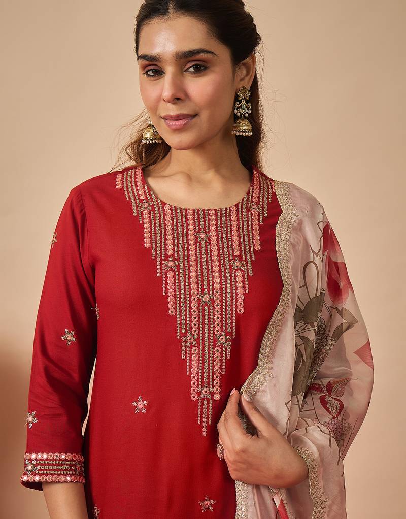 Orange embroidered viscose rayon kurta trouser dupatta set
