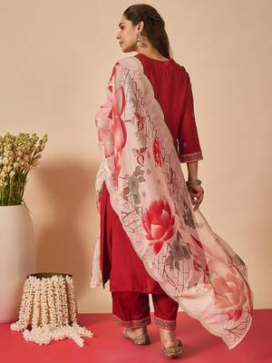 Orange embroidered viscose rayon kurta trouser dupatta set 2
