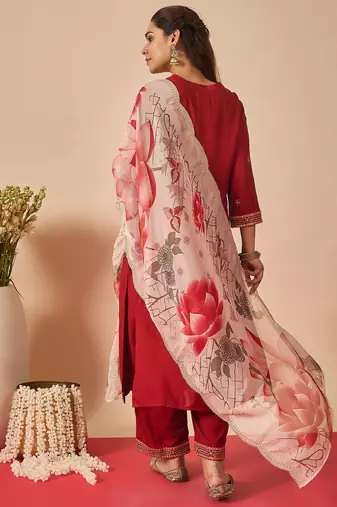 Orange embroidered viscose rayon kurta trouser dupatta set