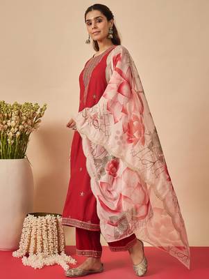 Orange embroidered viscose rayon kurta trouser dupatta set 3