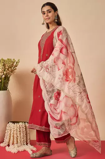 Orange embroidered viscose rayon kurta trouser dupatta set