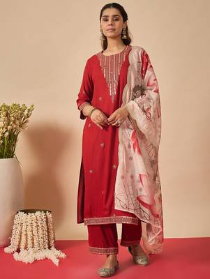 Orange embroidered viscose rayon kurta trouser dupatta set 4