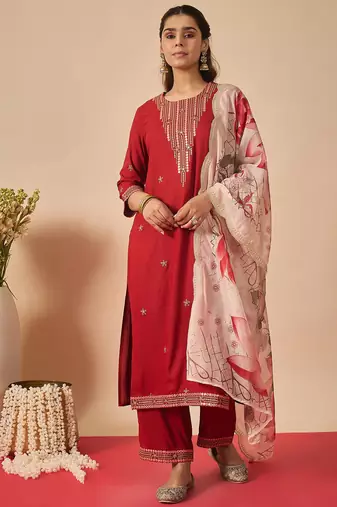 Orange embroidered viscose rayon kurta trouser dupatta set