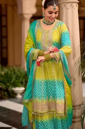 Multicolor embroidered chinon kurta trouser dupatta set