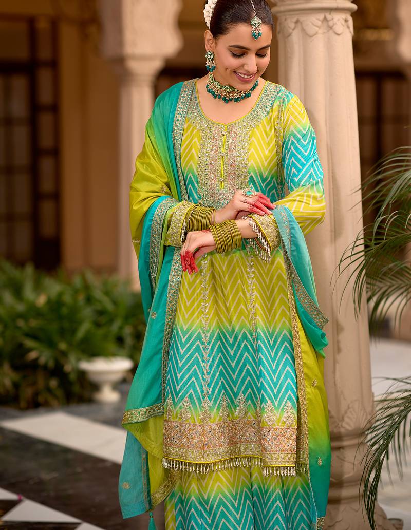 Multicolor embroidered chinon kurta trouser dupatta set