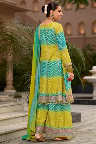 Multicolor embroidered chinon kurta trouser dupatta set