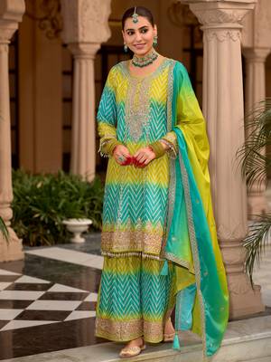 Multicolor embroidered chinon kurta trouser dupatta set 3