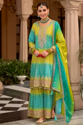 Multicolor embroidered chinon kurta trouser dupatta set