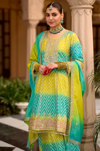 Multicolor embroidered chinon kurta trouser dupatta set