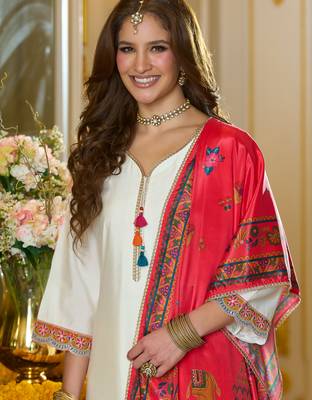 White embroidered silk kurta trouser dupatta set 1