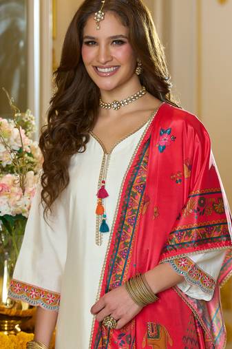 White embroidered silk kurta trouser dupatta set