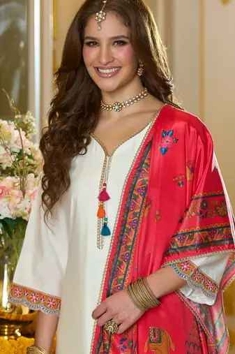 White embroidered silk kurta trouser dupatta set