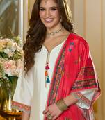 White embroidered silk kurta trouser dupatta set