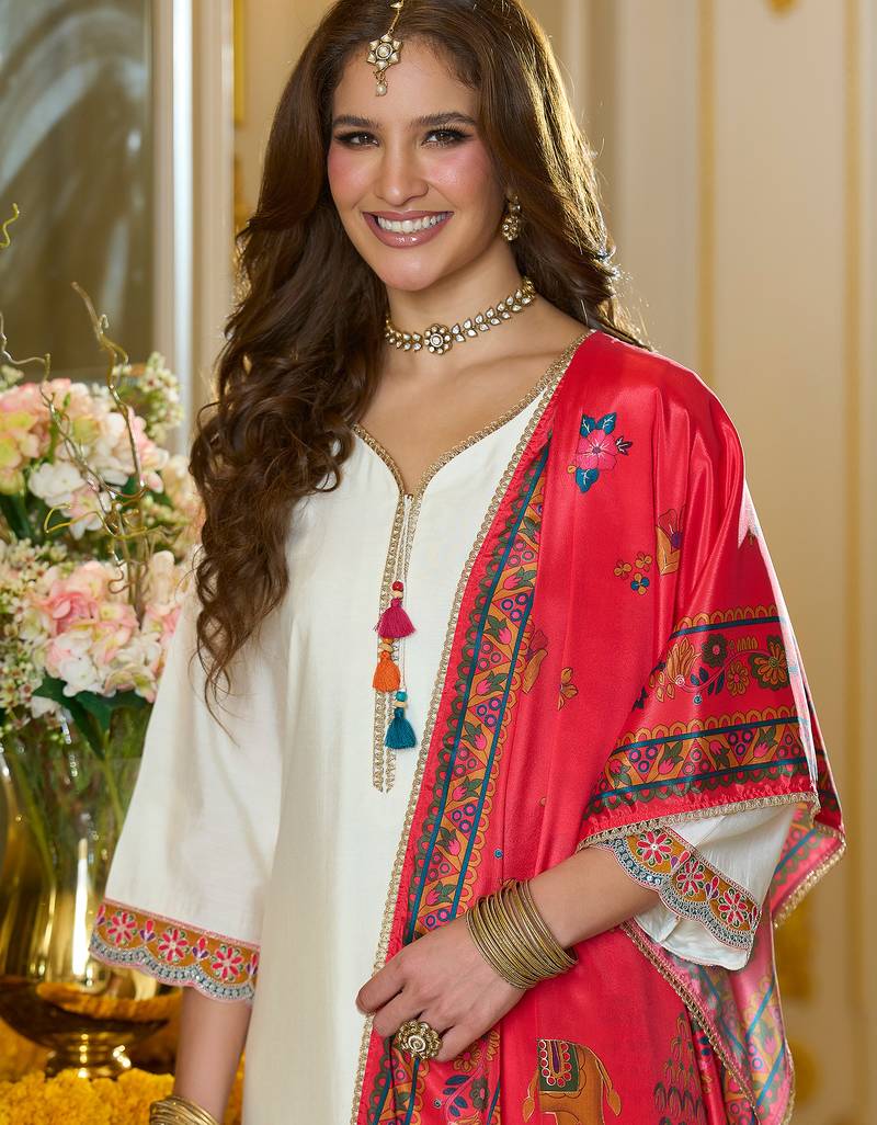 White embroidered silk kurta trouser dupatta set