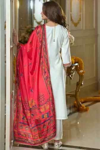 White embroidered silk kurta trouser dupatta set