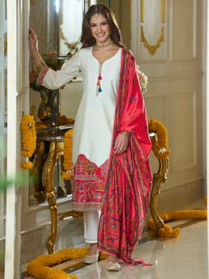 White embroidered silk kurta trouser dupatta set 3