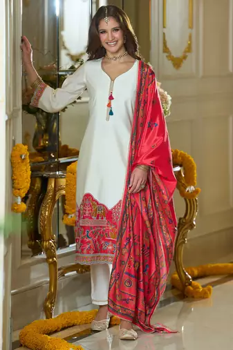 White embroidered silk kurta trouser dupatta set