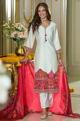 White embroidered silk kurta trouser dupatta set