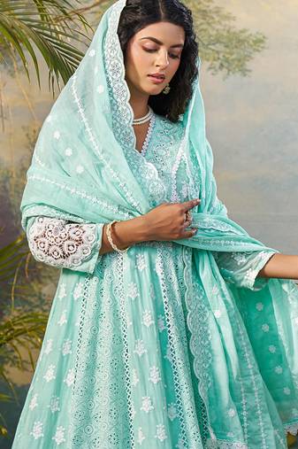 Green embroidered pure cotton kurta trouser dupatta set
