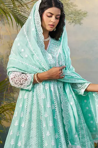 Green embroidered pure cotton kurta trouser dupatta set