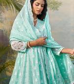 Green embroidered pure cotton kurta trouser dupatta set