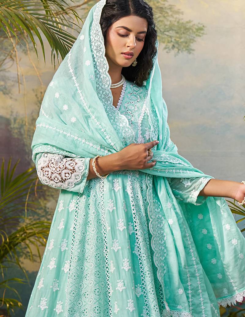 Green embroidered pure cotton kurta trouser dupatta set