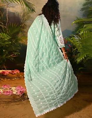 Green embroidered pure cotton kurta trouser dupatta set 2