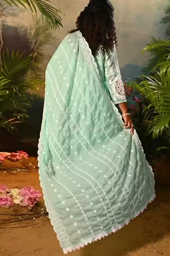 Green embroidered pure cotton kurta trouser dupatta set