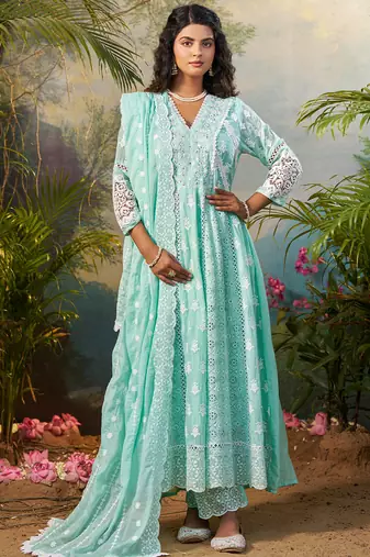 Green embroidered pure cotton kurta trouser dupatta set