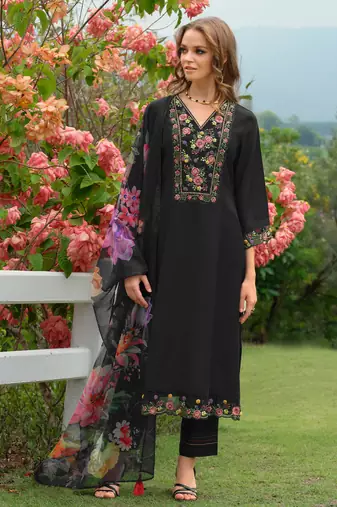 Black embroidered liva kurta trouser dupatta set